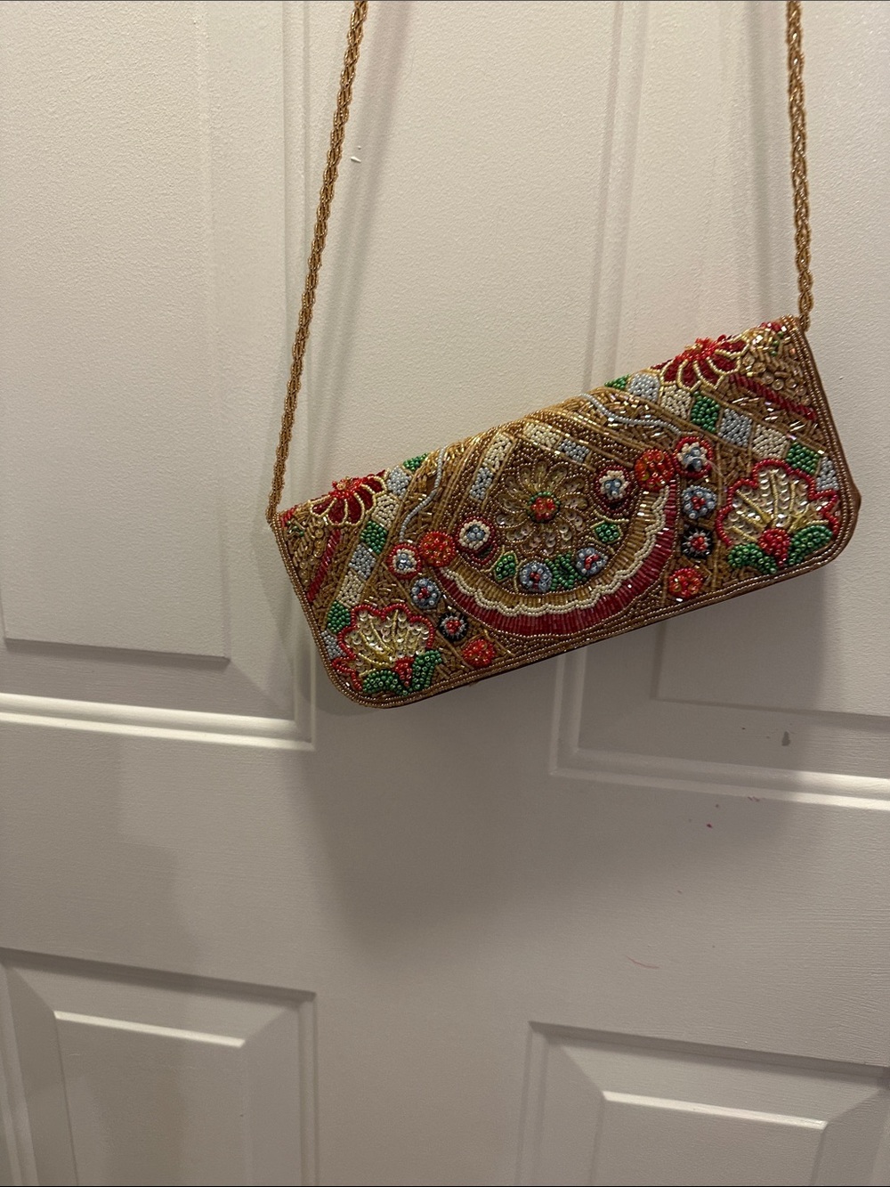 Embellished Gold Beaded Evening Clutch with Floral Detail